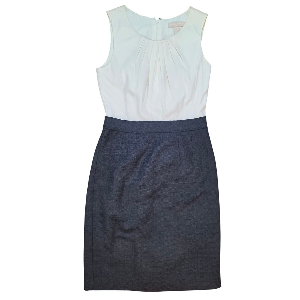 Banana Republic Womens 00P Two-Tone Pleated Sheath Dress Black Cream Petite